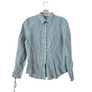 Edward Petite 100% Irish Linen Button Down Shirt Green Tie Cuff Blouse PM